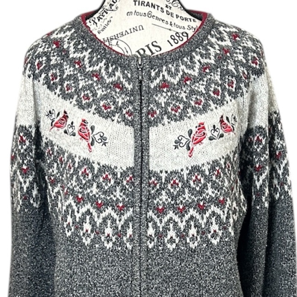 Northern Reflections Grey Nordic Fair Isle Zip Cardigan Red Bird‎ Embroidery XL